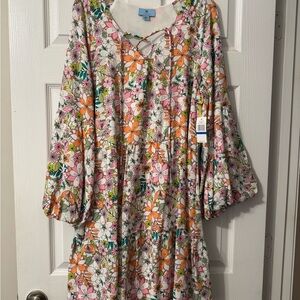 Floral CeCe Dress Pink and Orange boho style XL NWT puff sleeves short